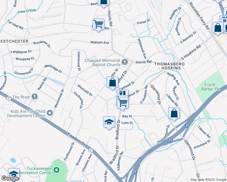 map of restaurants, bars, coffee shops, grocery stores, and more near 340 Bradford Drive in Charlotte