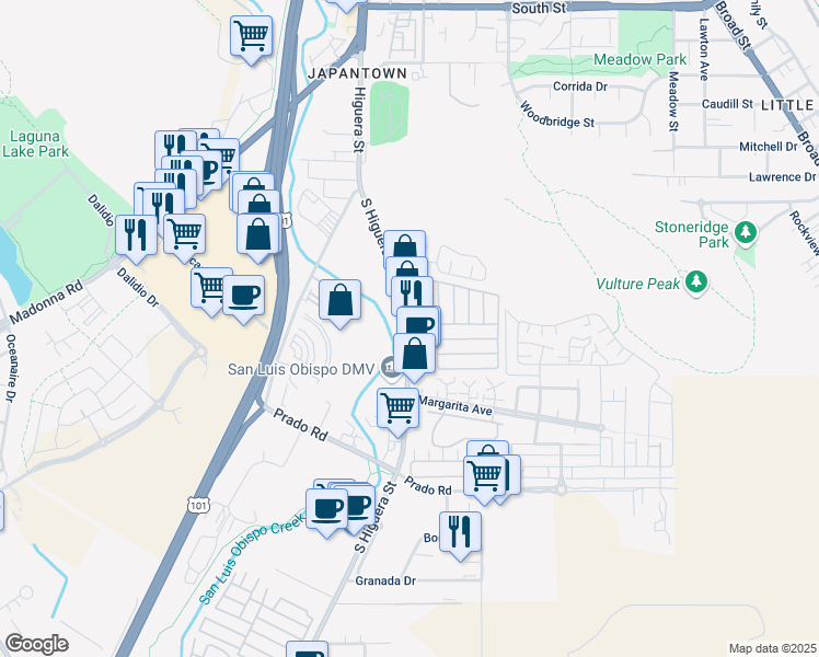 map of restaurants, bars, coffee shops, grocery stores, and more near 3026 South Higuera Street in San Luis Obispo