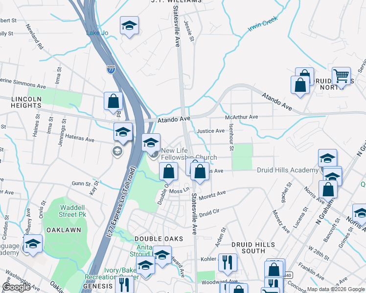 map of restaurants, bars, coffee shops, grocery stores, and more near in Charlotte