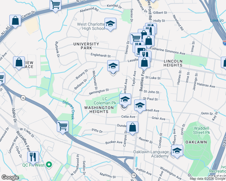 map of restaurants, bars, coffee shops, grocery stores, and more near 2601 Remington Street in Charlotte