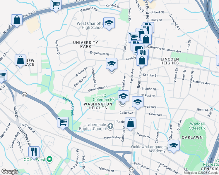 map of restaurants, bars, coffee shops, grocery stores, and more near 2601 Remington Street in Charlotte