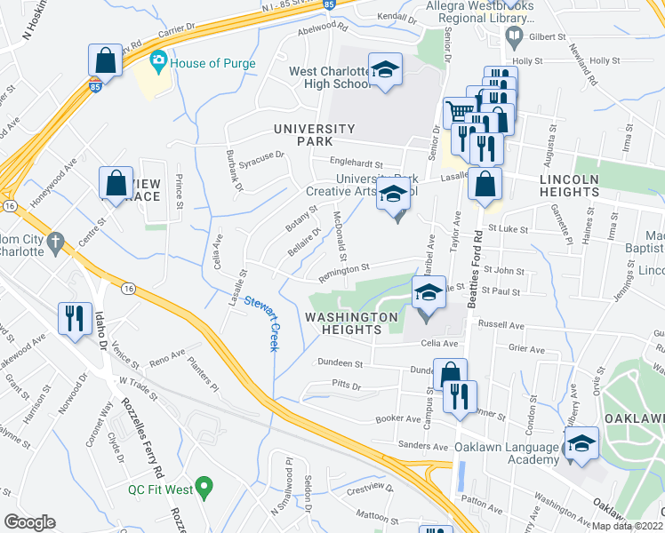 map of restaurants, bars, coffee shops, grocery stores, and more near 2734 Remington Street in Charlotte