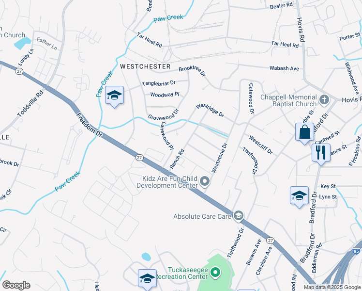 map of restaurants, bars, coffee shops, grocery stores, and more near 1533 Lanewood Place in Charlotte