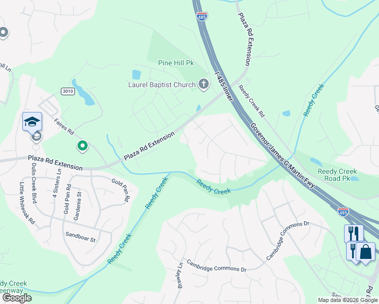 map of restaurants, bars, coffee shops, grocery stores, and more near 11612 Plaza Road Extension in Charlotte