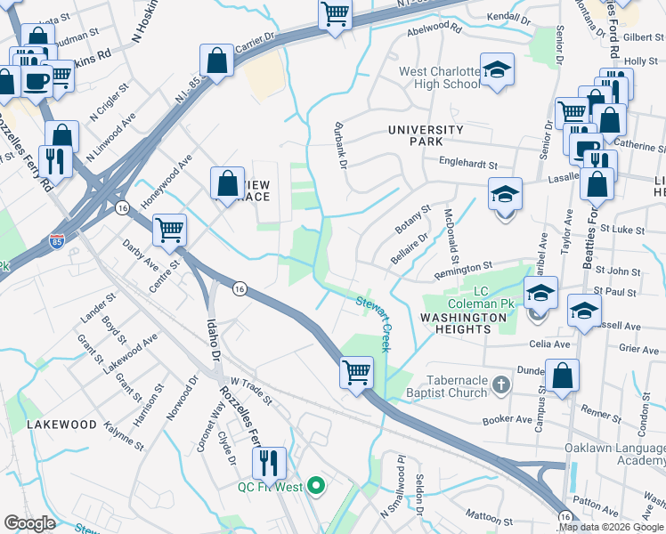 map of restaurants, bars, coffee shops, grocery stores, and more near 3035 Celia Avenue in Charlotte