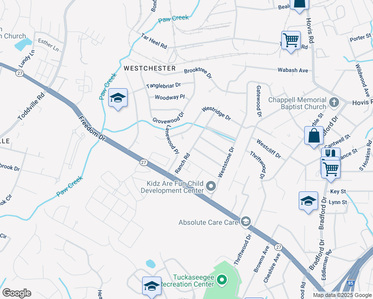 map of restaurants, bars, coffee shops, grocery stores, and more near 1533 Lanewood Place in Charlotte