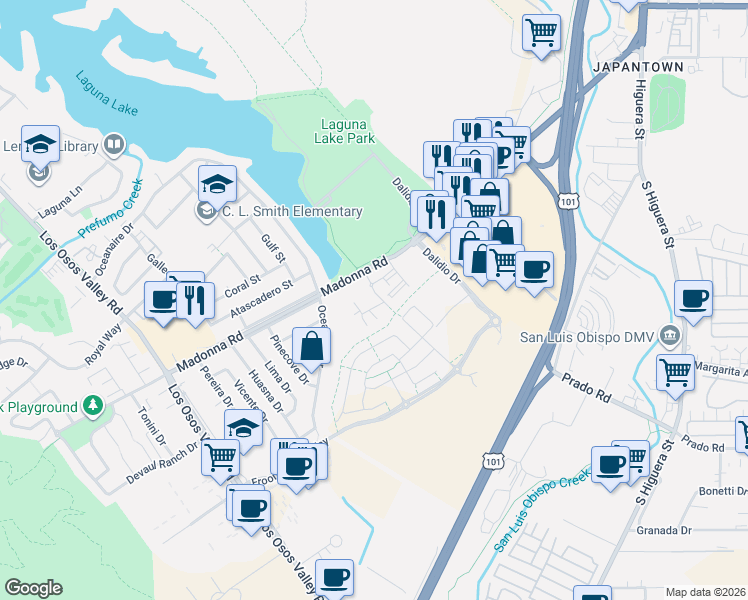 map of restaurants, bars, coffee shops, grocery stores, and more near 905 Madonna Road in San Luis Obispo
