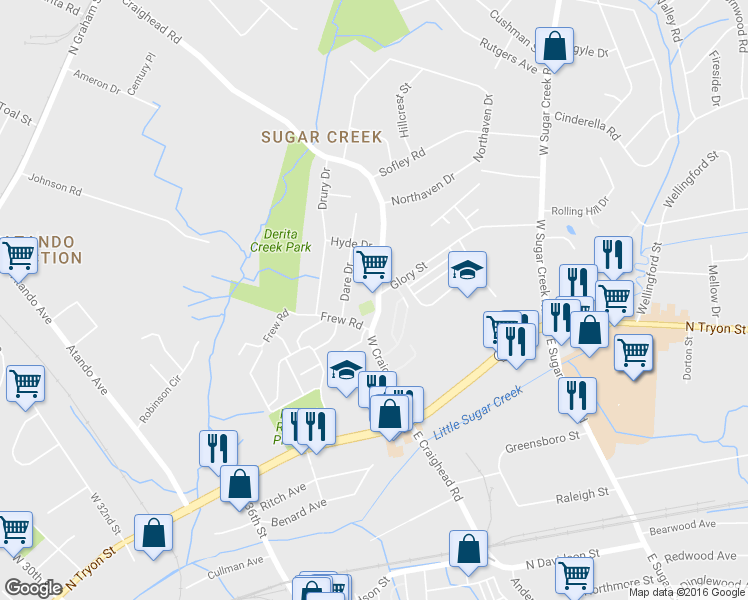 map of restaurants, bars, coffee shops, grocery stores, and more near 343 West Craighead Road in Charlotte