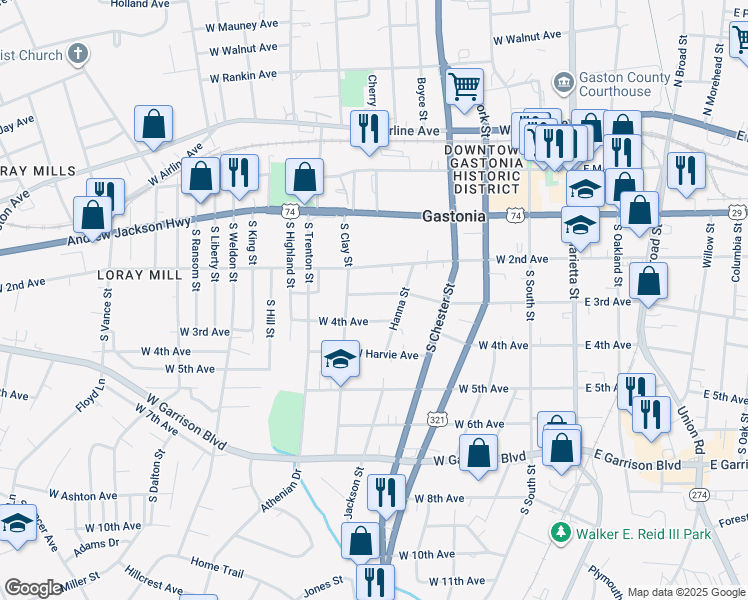 map of restaurants, bars, coffee shops, grocery stores, and more near 513 West 3rd Avenue in Gastonia