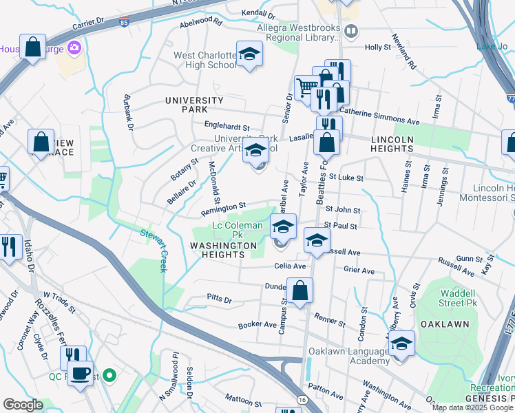 map of restaurants, bars, coffee shops, grocery stores, and more near 2601 Remington Street in Charlotte