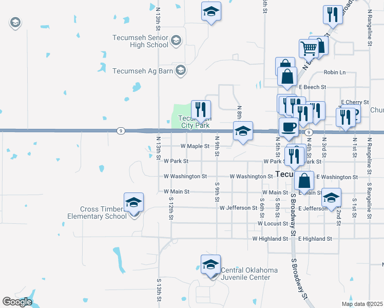 map of restaurants, bars, coffee shops, grocery stores, and more near 723 West Park Street in Tecumseh