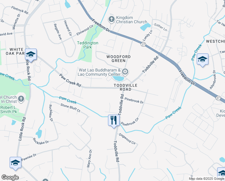 map of restaurants, bars, coffee shops, grocery stores, and more near 5601 Paw Creek Road in Charlotte