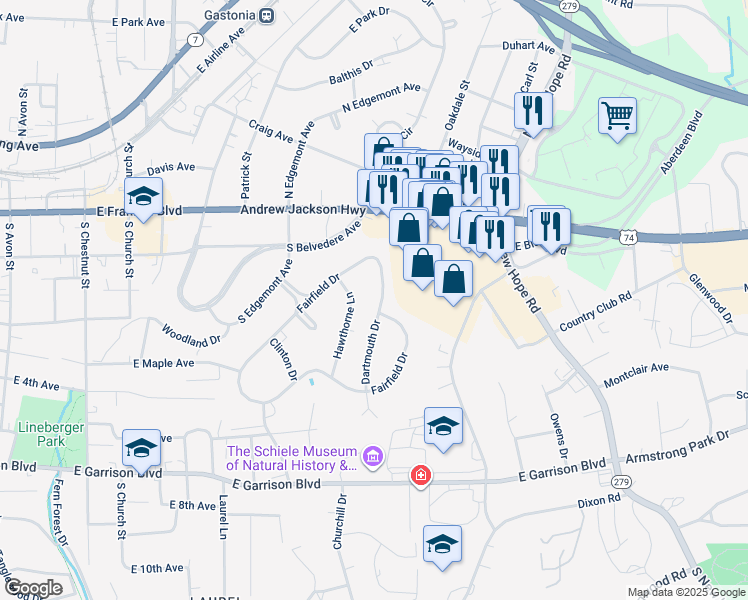 map of restaurants, bars, coffee shops, grocery stores, and more near 1701 Fairfield Drive in Gastonia