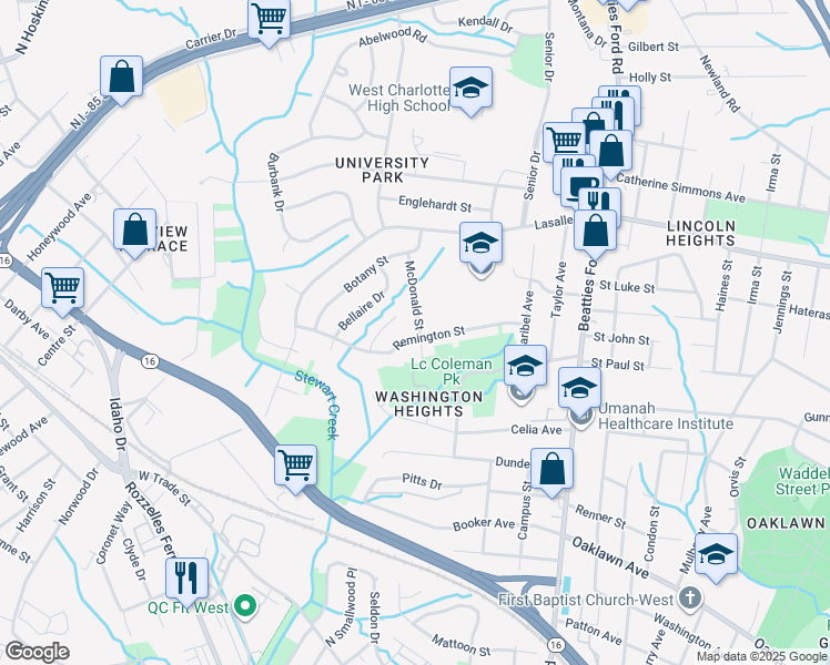 map of restaurants, bars, coffee shops, grocery stores, and more near 2734 Remington Street in Charlotte