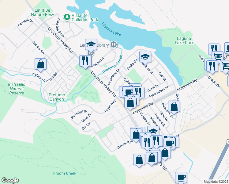 map of restaurants, bars, coffee shops, grocery stores, and more near 1355 Cavalier Lane in San Luis Obispo