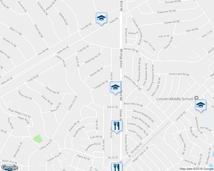 map of restaurants, bars, coffee shops, grocery stores, and more near 1812 Twilight Road Southeast in Rio Rancho