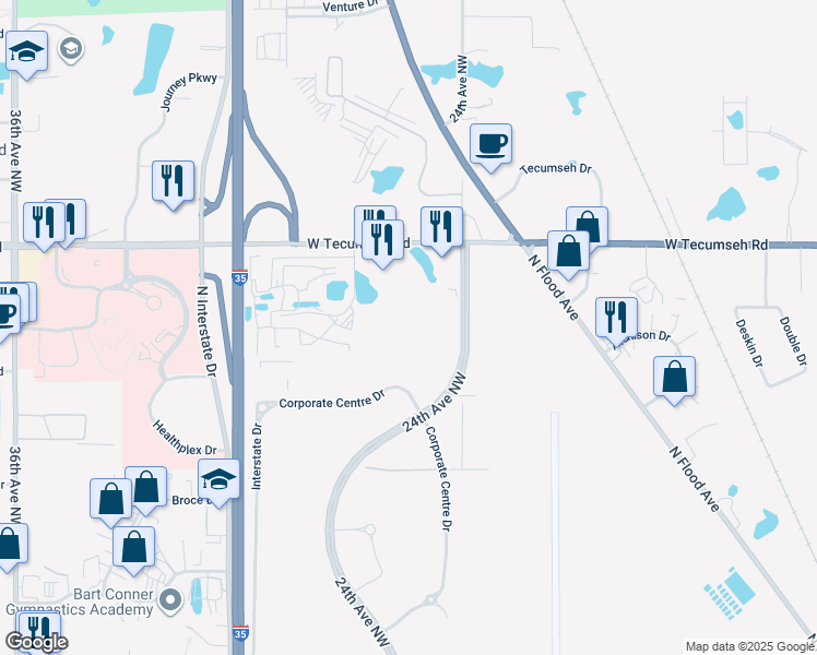 map of restaurants, bars, coffee shops, grocery stores, and more near 24TH Northcrest Drive in Norman