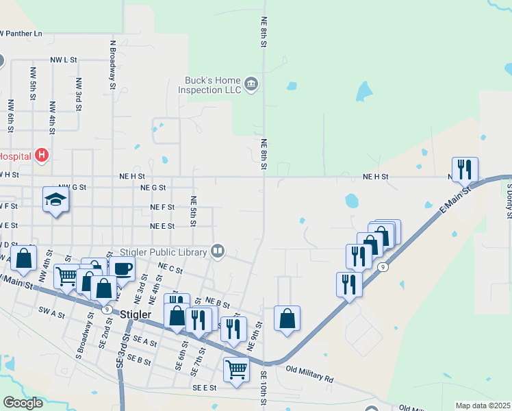 map of restaurants, bars, coffee shops, grocery stores, and more near 606 Northeast 8th Street in Stigler