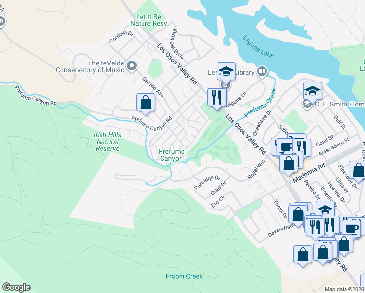 map of restaurants, bars, coffee shops, grocery stores, and more near 1801 Marsha Drive in San Luis Obispo