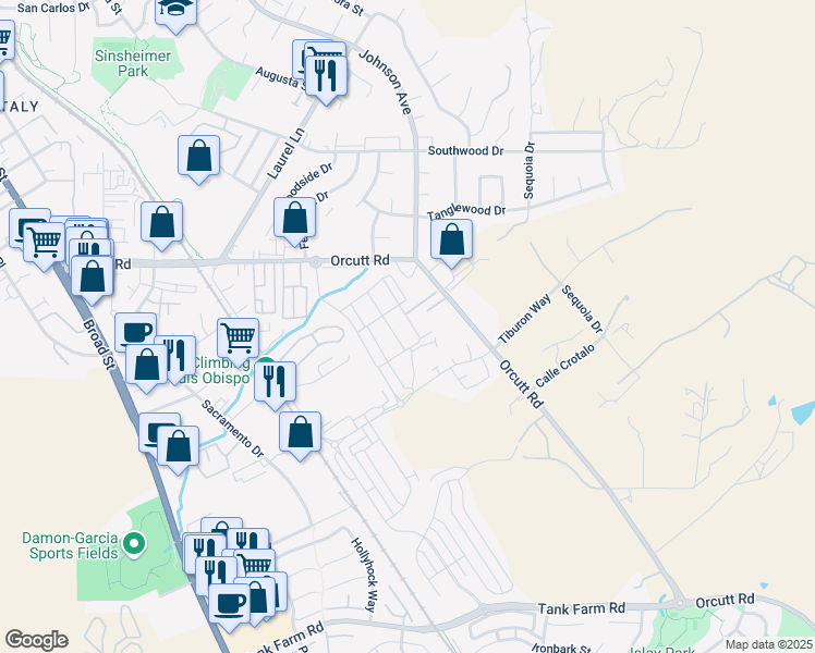 map of restaurants, bars, coffee shops, grocery stores, and more near 3757 Park Ridge Lane in San Luis Obispo