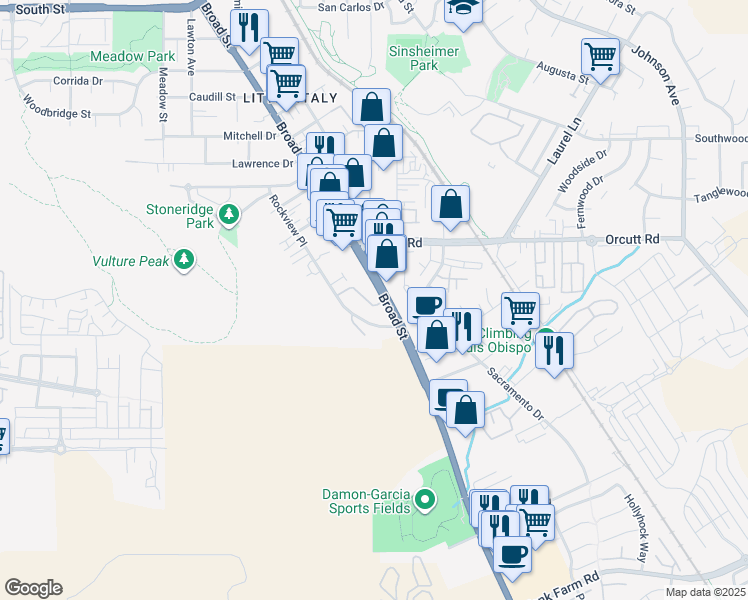 map of restaurants, bars, coffee shops, grocery stores, and more near 3340 Broad Street in San Luis Obispo