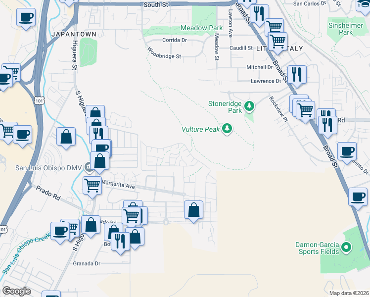 map of restaurants, bars, coffee shops, grocery stores, and more near 3055 Lucca Lane in San Luis Obispo