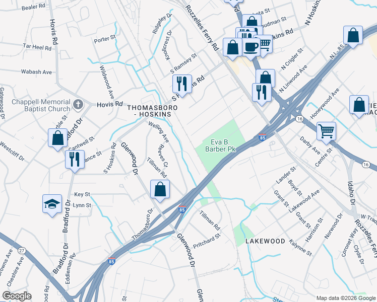 map of restaurants, bars, coffee shops, grocery stores, and more near in Charlotte