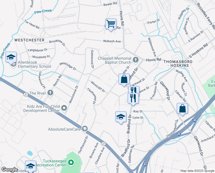 map of restaurants, bars, coffee shops, grocery stores, and more near 4108 Westcliff Drive in Charlotte