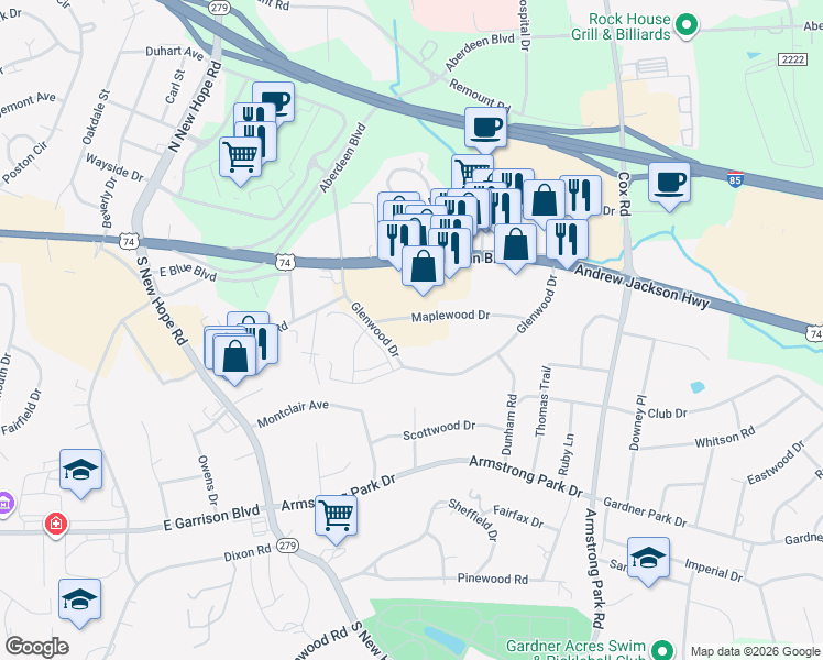 map of restaurants, bars, coffee shops, grocery stores, and more near 2028 Glenwood Drive in Gastonia