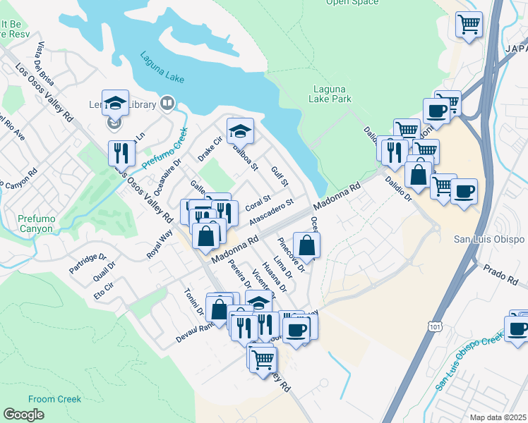 map of restaurants, bars, coffee shops, grocery stores, and more near 1172 Atascadero Street in San Luis Obispo