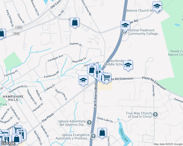 map of restaurants, bars, coffee shops, grocery stores, and more near 2238 Saint Johns Church Road in Charlotte