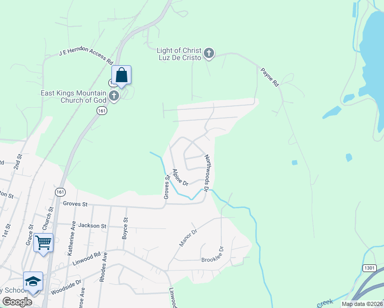 map of restaurants, bars, coffee shops, grocery stores, and more near 2103 Loblolly Lane in Kings Mountain
