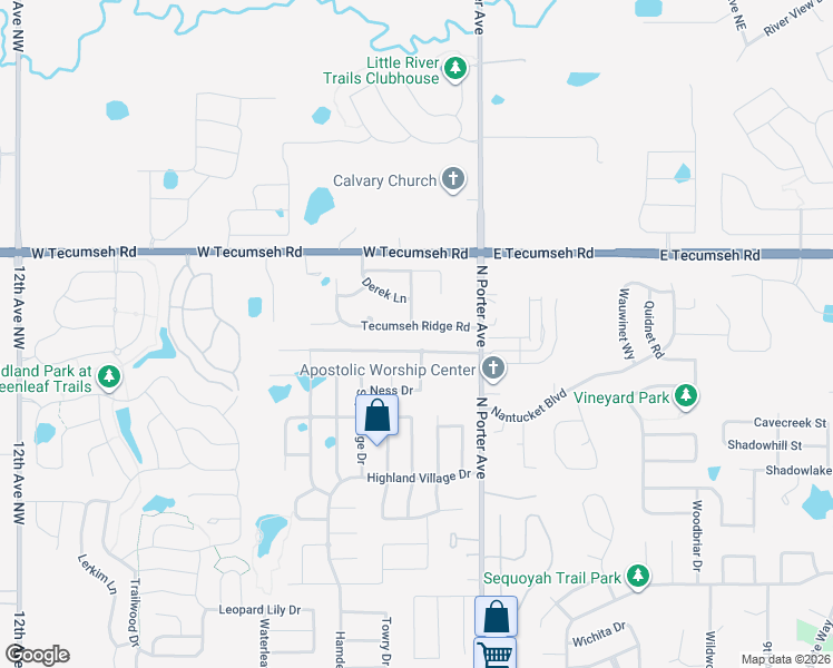 map of restaurants, bars, coffee shops, grocery stores, and more near 126 Tecumseh Ridge Road in Norman
