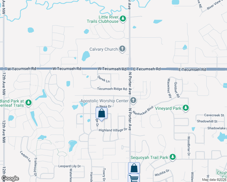 map of restaurants, bars, coffee shops, grocery stores, and more near 129 Tecumseh Meadows Drive in Norman
