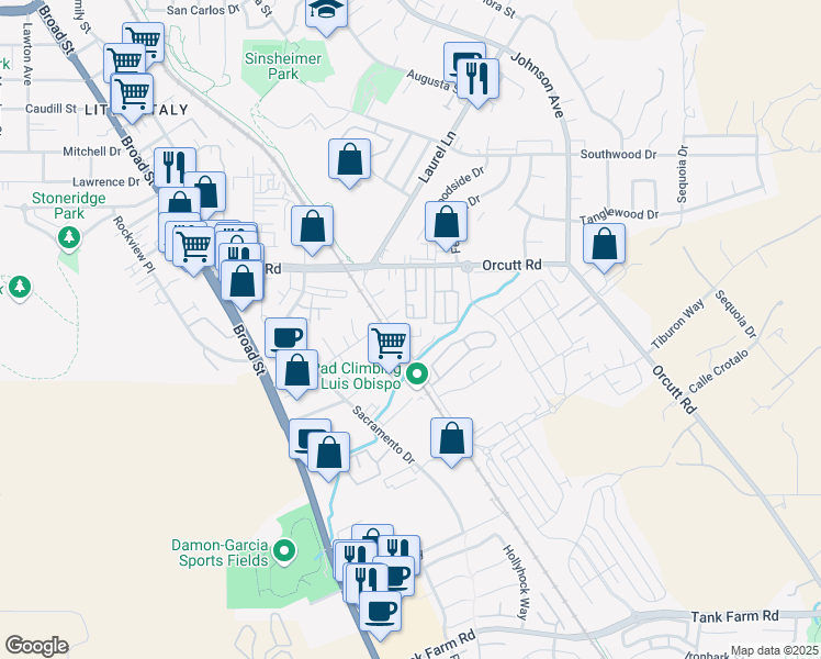 map of restaurants, bars, coffee shops, grocery stores, and more near 3432 Bullock Lane in San Luis Obispo