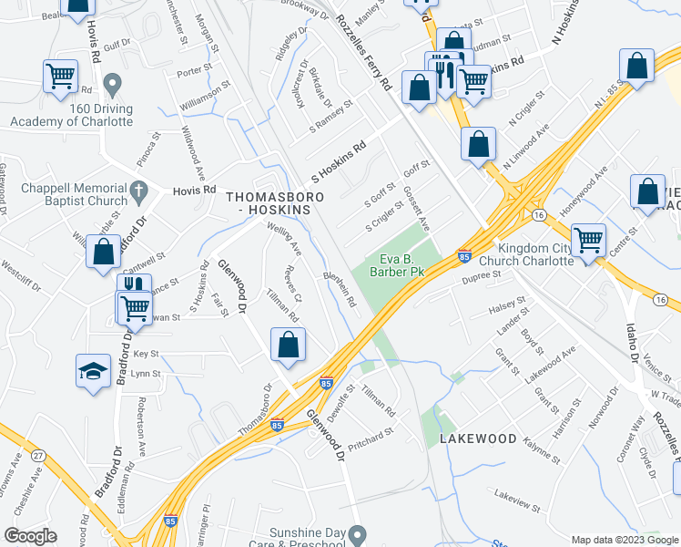 map of restaurants, bars, coffee shops, grocery stores, and more near 4152 Blenhein Road in Charlotte