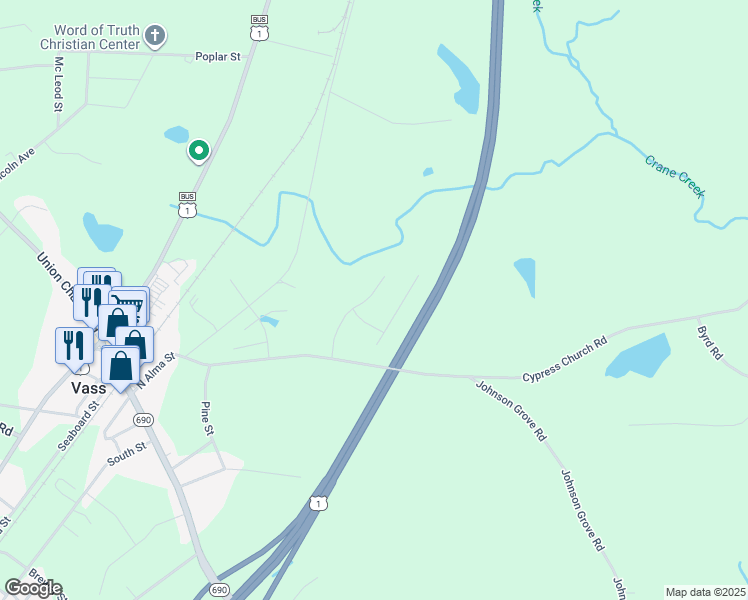 map of restaurants, bars, coffee shops, grocery stores, and more near 1120 Camellia Drive in Vass