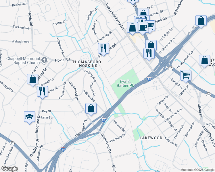 map of restaurants, bars, coffee shops, grocery stores, and more near 4157 Blenhein Road in Charlotte