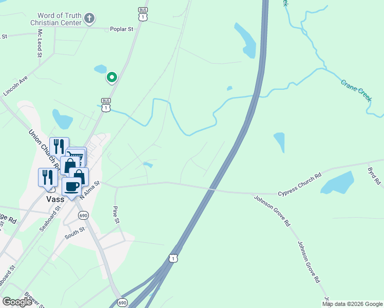 map of restaurants, bars, coffee shops, grocery stores, and more near 1070 Camellia Drive in Vass