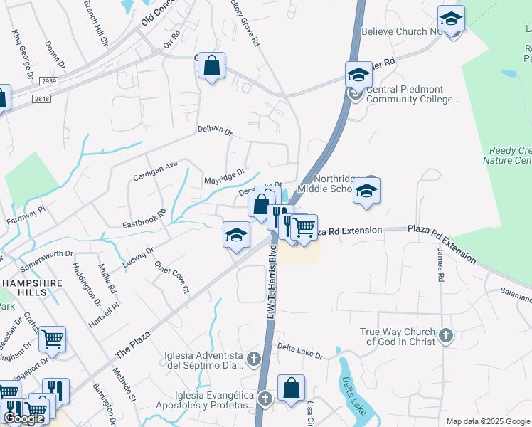 map of restaurants, bars, coffee shops, grocery stores, and more near 2238 Saint Johns Church Road in Charlotte
