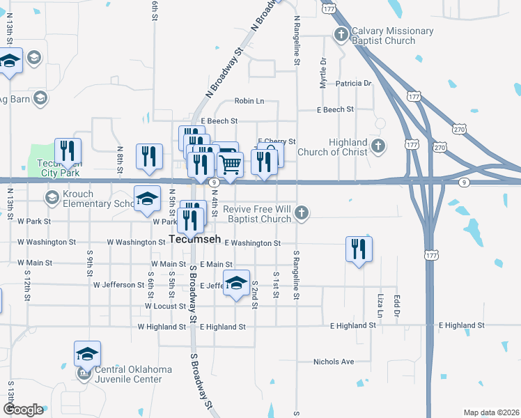 map of restaurants, bars, coffee shops, grocery stores, and more near 319 East Park Street in Tecumseh