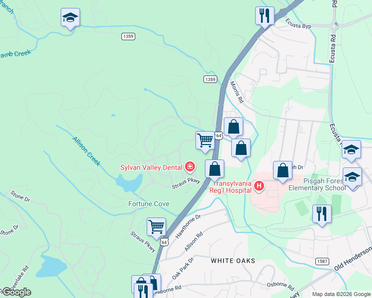 map of restaurants, bars, coffee shops, grocery stores, and more near 152 Camptown Road in Brevard