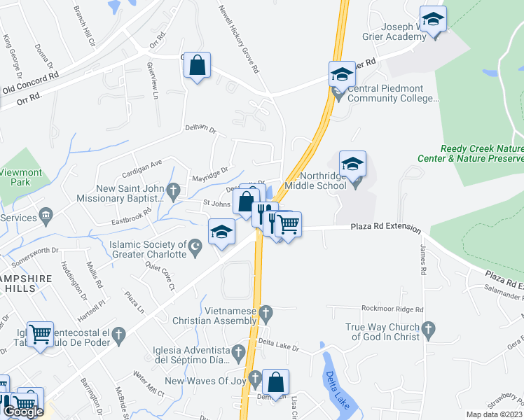 map of restaurants, bars, coffee shops, grocery stores, and more near 2332 East W.T. Harris Boulevard in Charlotte