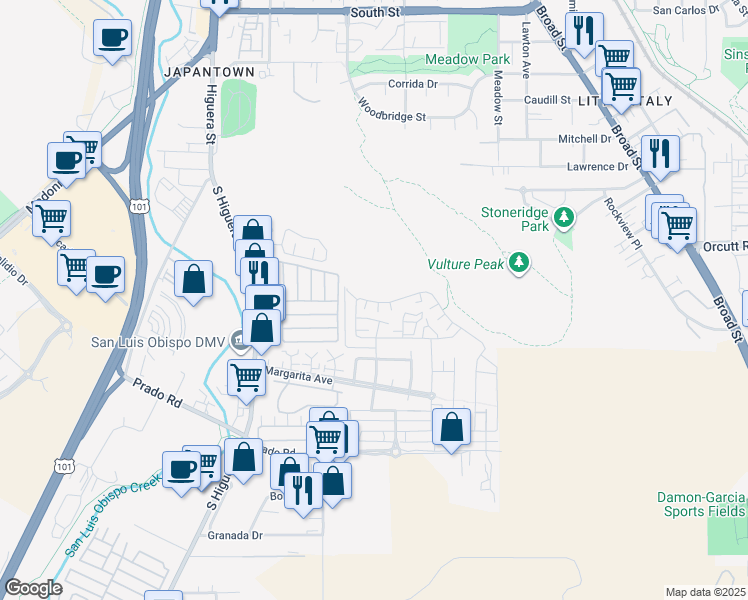 map of restaurants, bars, coffee shops, grocery stores, and more near 3036 Arezzo Drive in San Luis Obispo