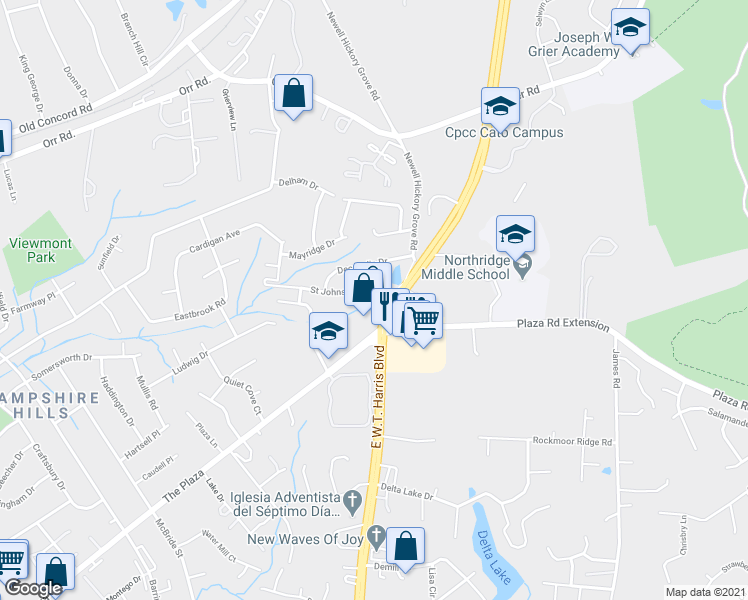 map of restaurants, bars, coffee shops, grocery stores, and more near 2332 East W.T. Harris Boulevard in Charlotte