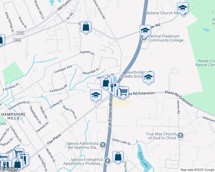 map of restaurants, bars, coffee shops, grocery stores, and more near 2238 Saint Johns Church Road in Charlotte