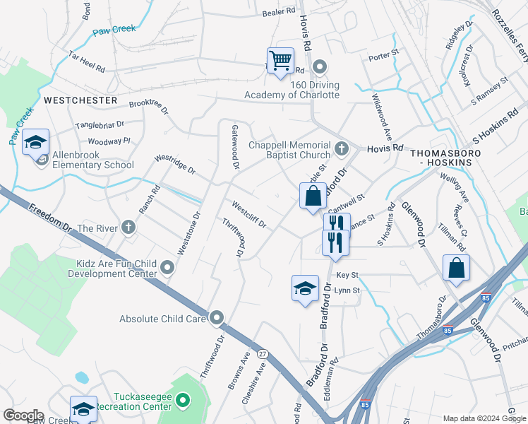 map of restaurants, bars, coffee shops, grocery stores, and more near 4108 Westcliff Drive in Charlotte