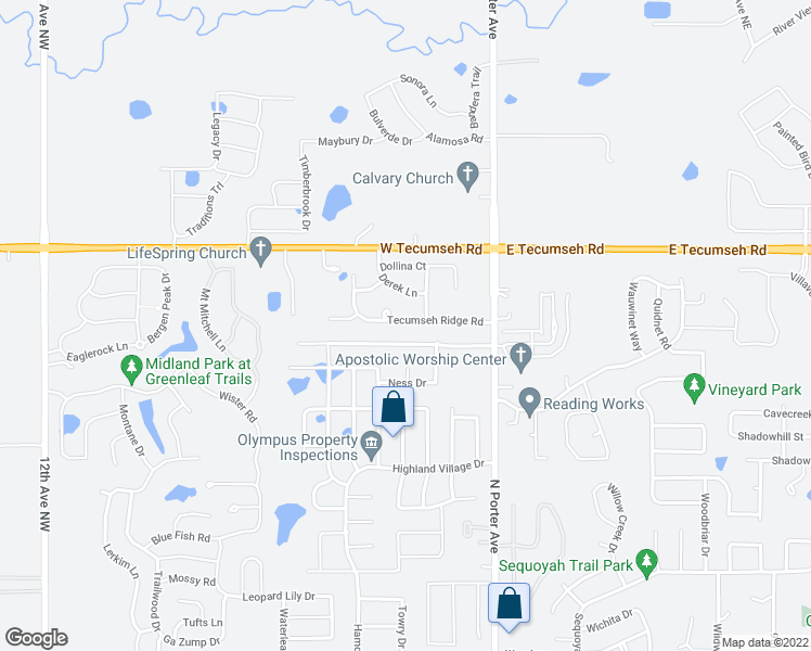 map of restaurants, bars, coffee shops, grocery stores, and more near 206 Tecumseh Ridge Road in Norman