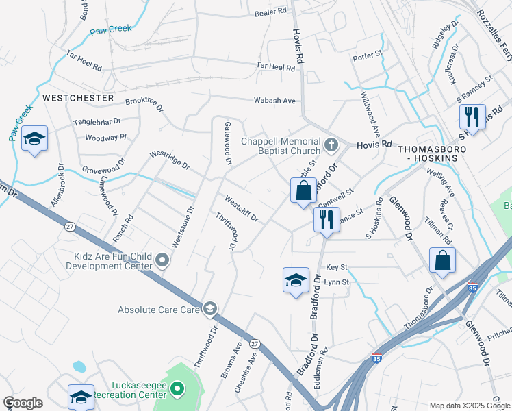 map of restaurants, bars, coffee shops, grocery stores, and more near 4108 Westcliff Drive in Charlotte