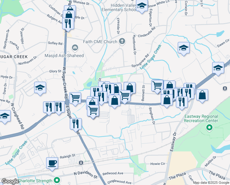 map of restaurants, bars, coffee shops, grocery stores, and more near 127 Mellow Drive in Charlotte